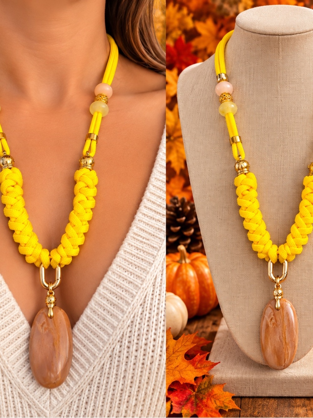 Vibrant Colors Braided Statement Necklaces with Natural Stone Pendant.